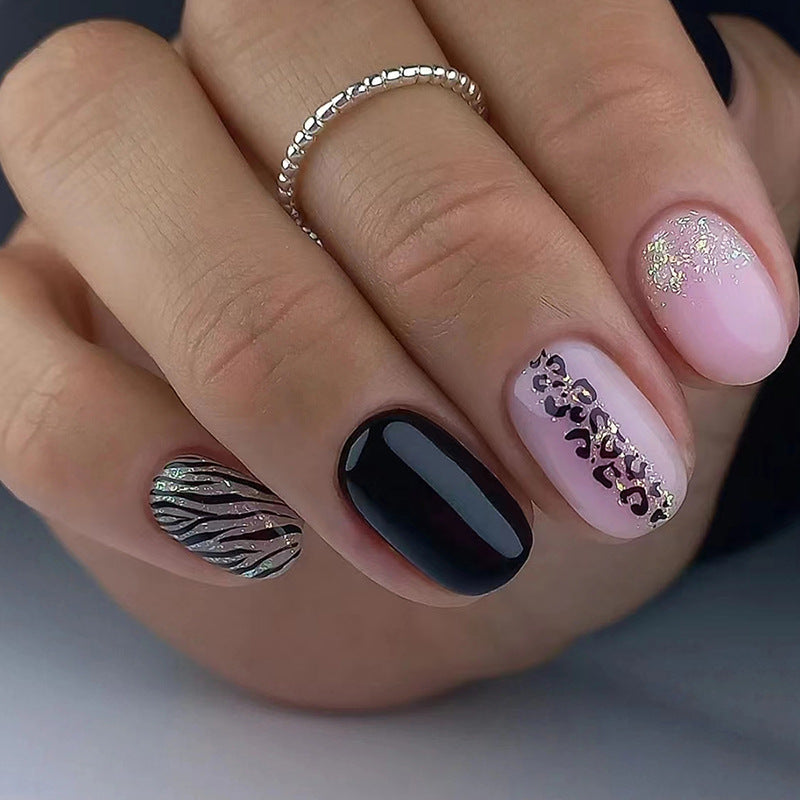 Black Sweet Cool Short Leopard Print Nails Pink Leopard Glitter Euro Ins Style Wearable Nails