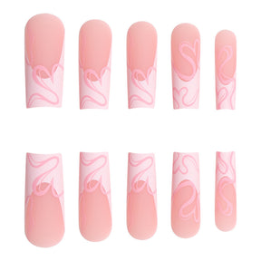 Long French Line Pink Heart Nail Extensions