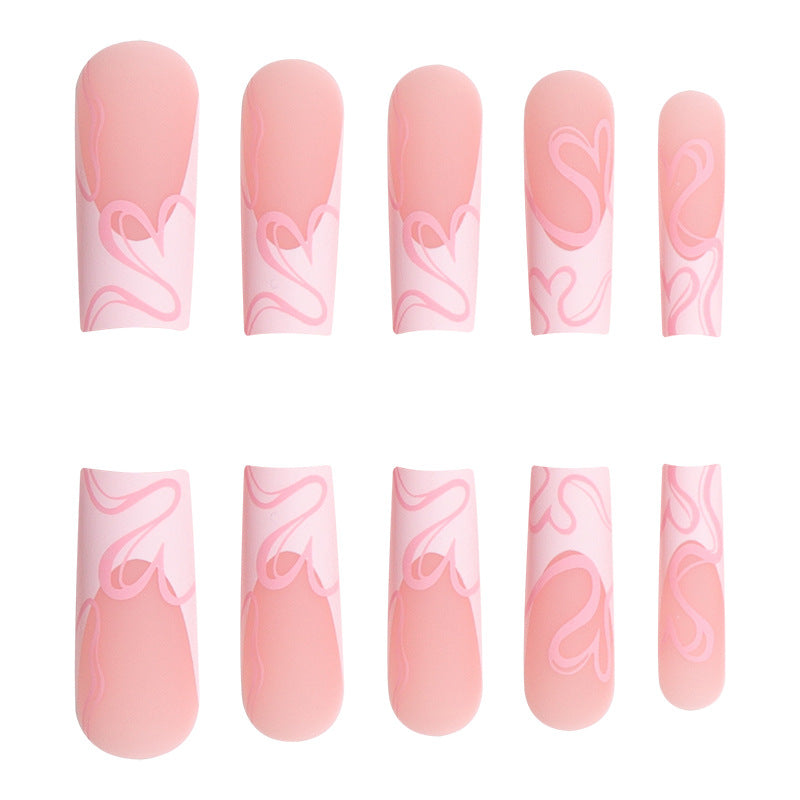 Long French Line Pink Heart Nail Extensions