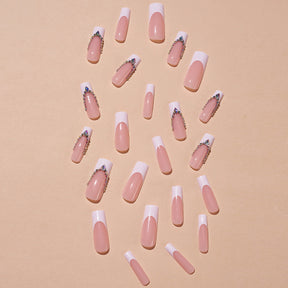 Long Detachable Nail Tips with Pink French and Rhinestones