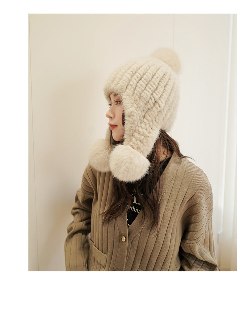 Warm Mink Fur Hat with Fox Pom Pom - Winter Luxury