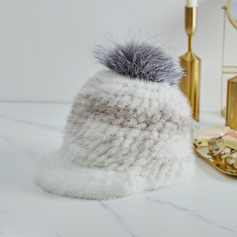 Stylish Mink Fur Cap with Fox Pom Pom - Winter Accessory