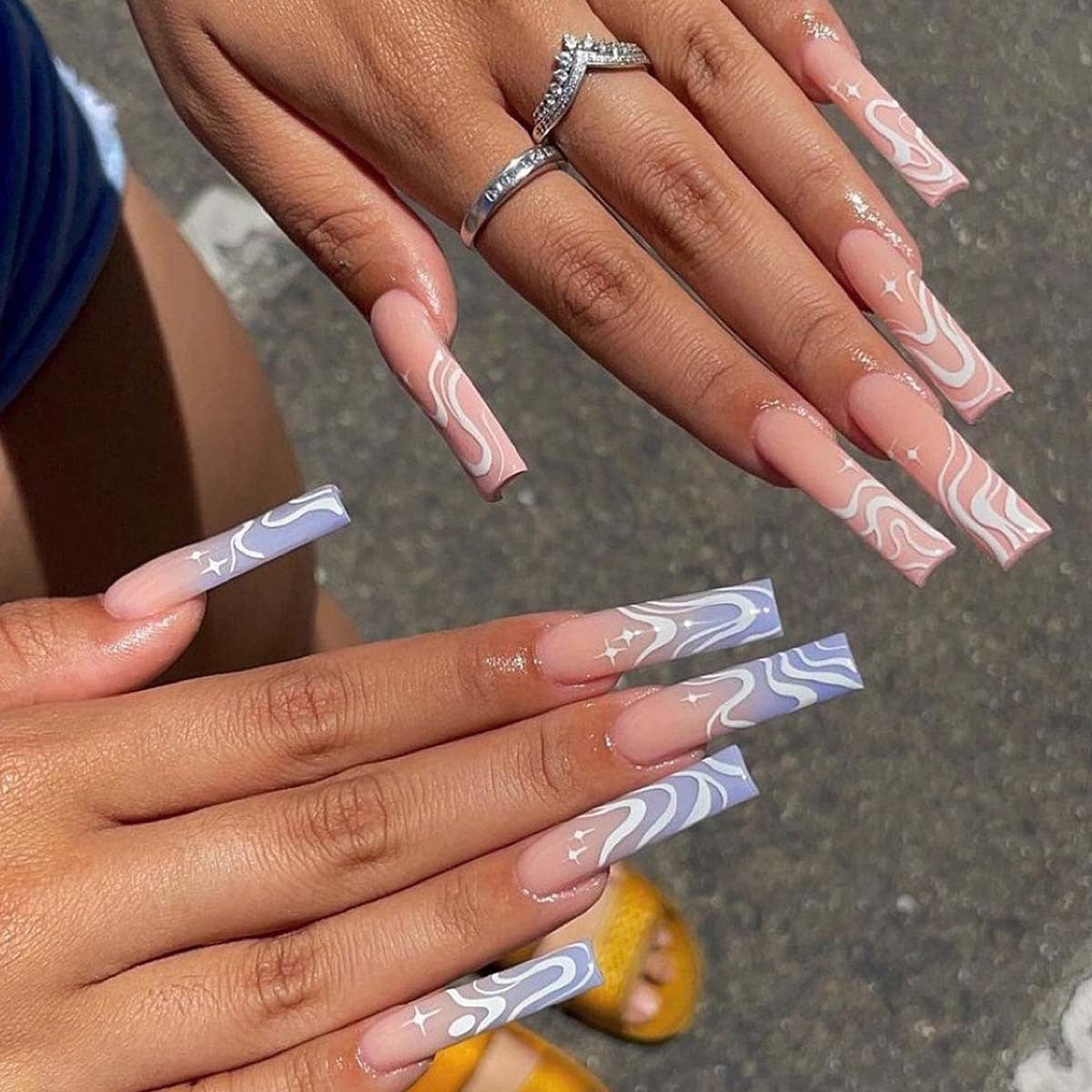 Long Coffin Nails with Blue Wave and Star Design