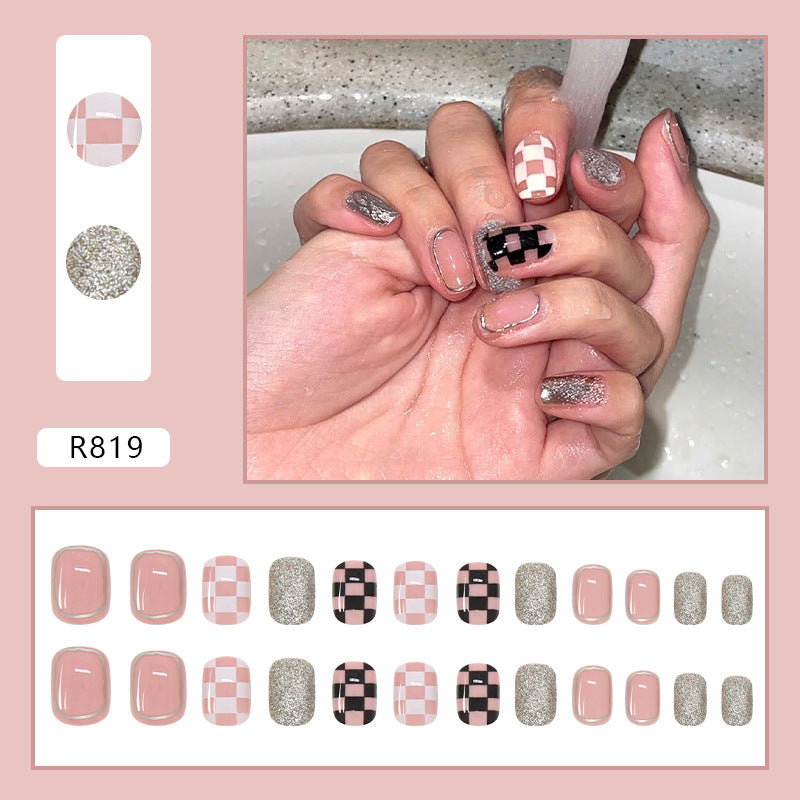 Pink Checkerboard Sparkle Press-On Nails - Removable