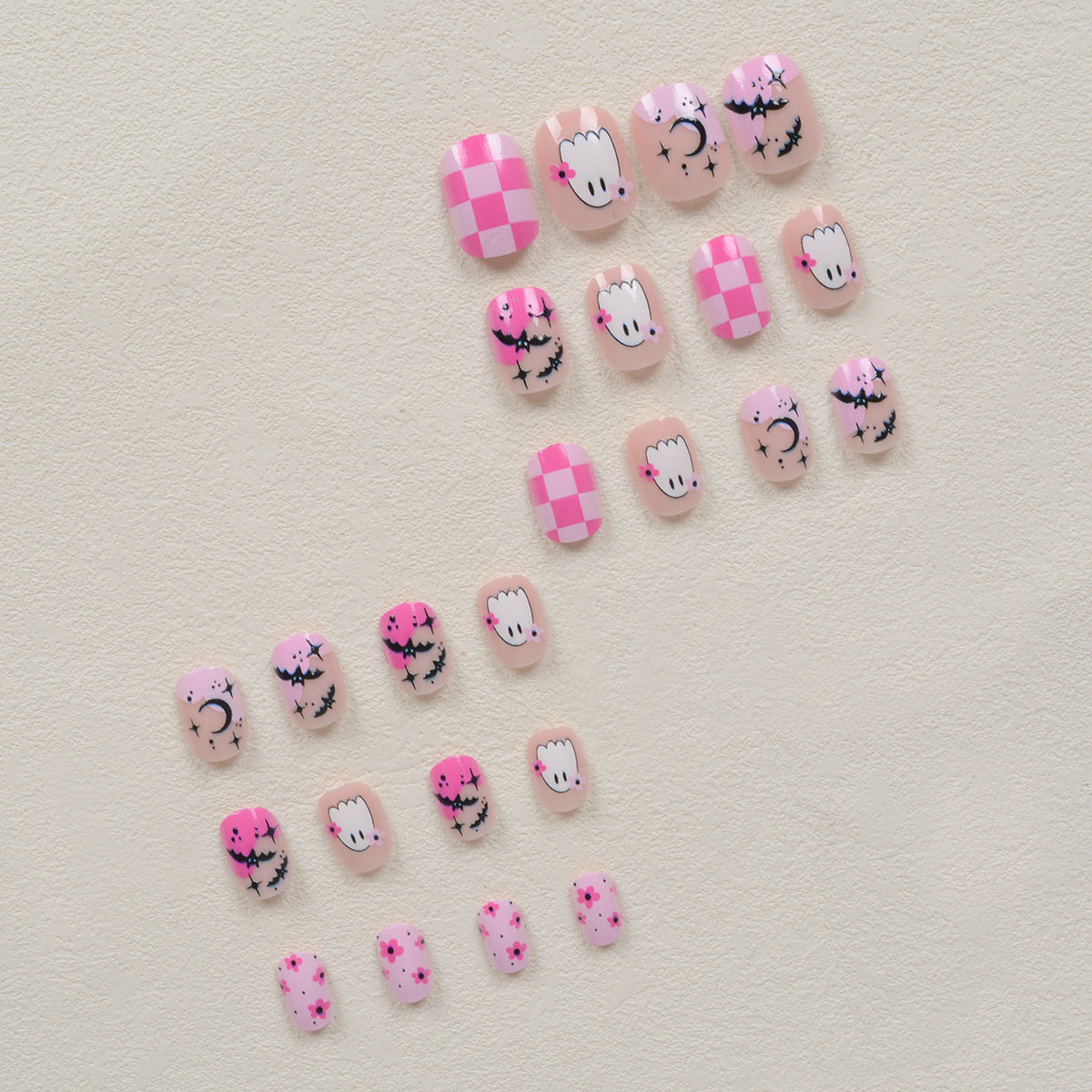 Pink Ghost Bat Halloween Nails, 24pcs Removable and Adorable