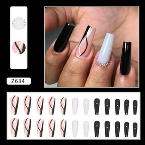 Sweet Edgy Black-White Wave Fall Nails, 24-Piece Ins-Style Set"