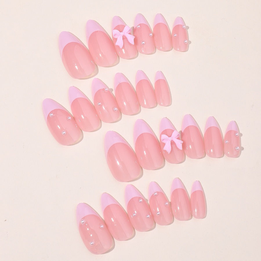 Detachable Pink Nail Tips with Pearl and Bow Decor