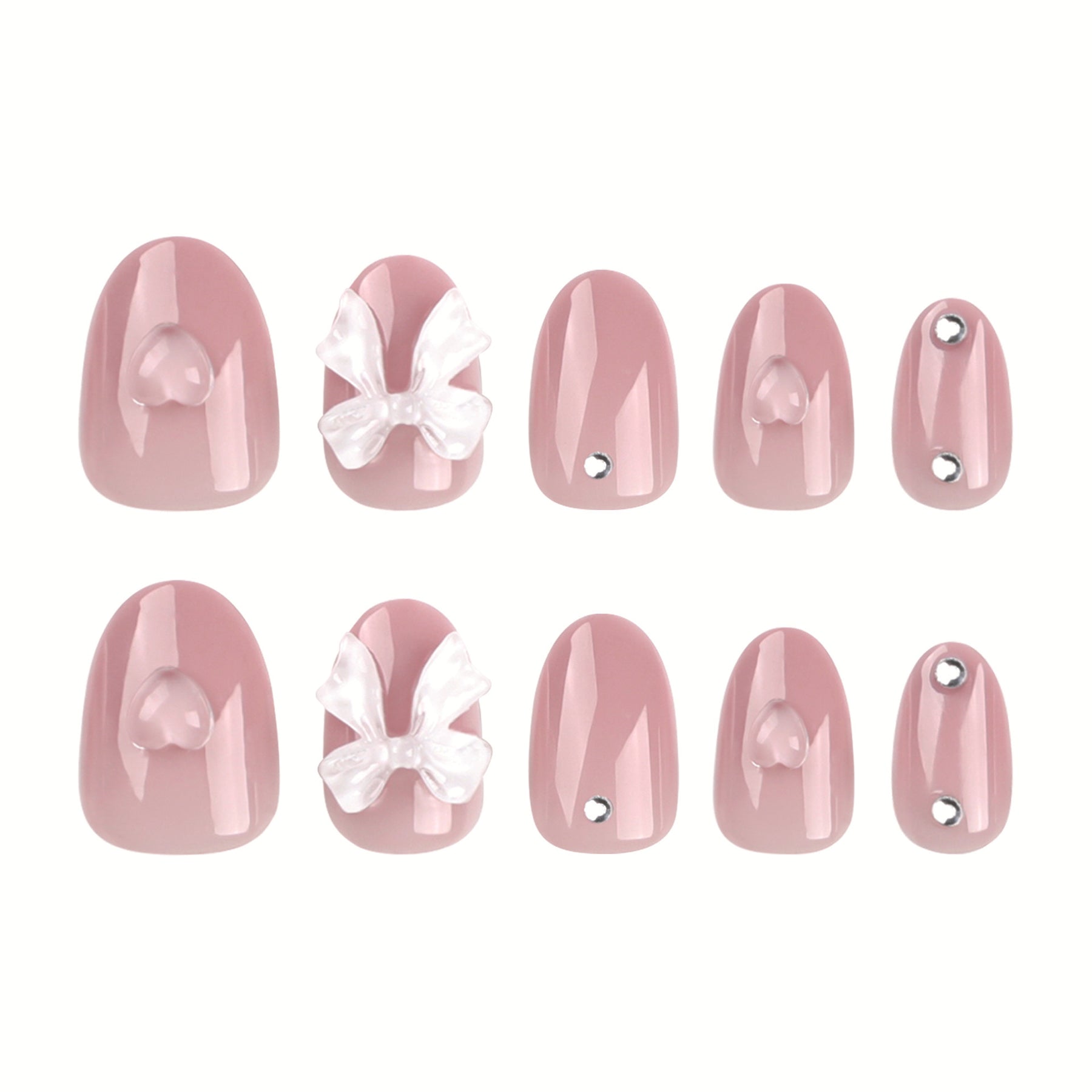 Nude Pink Nail Tips with White Bow and Heart