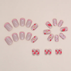 Short Pink French Nails with Flowers, Smiles, and Fruits, Sweet Style