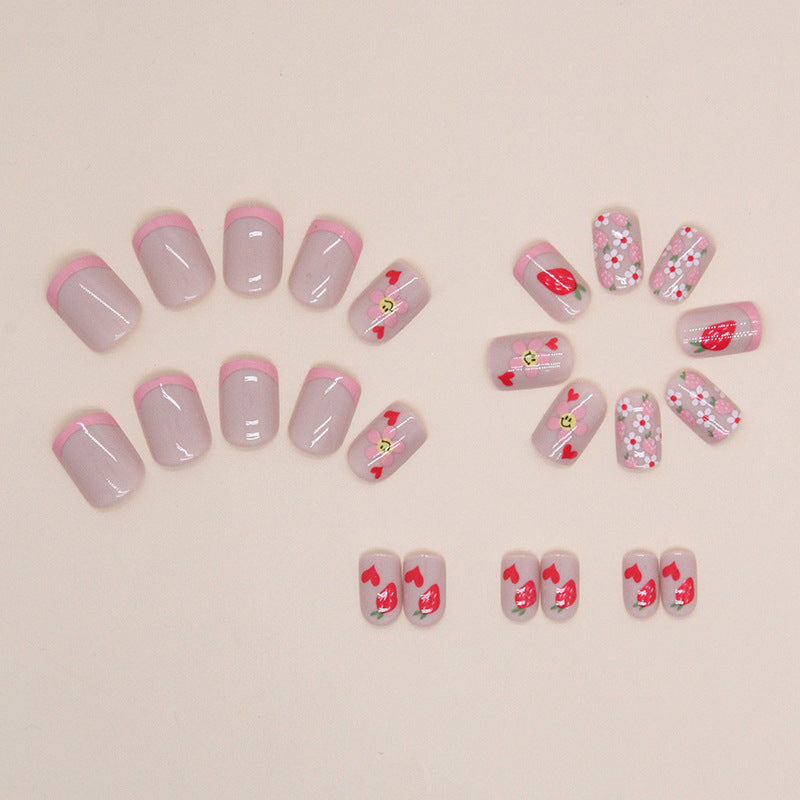 Short Pink French Nails with Flowers, Smiles, and Fruits, Sweet Style