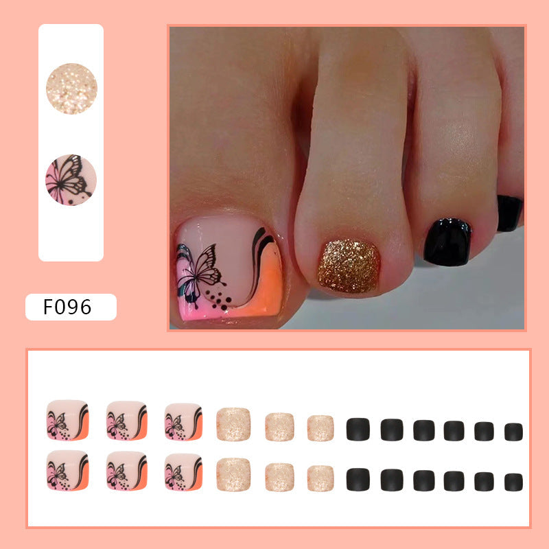 Black & Pink Butterfly Nails - Shiny Glitter, French Tip, Toe