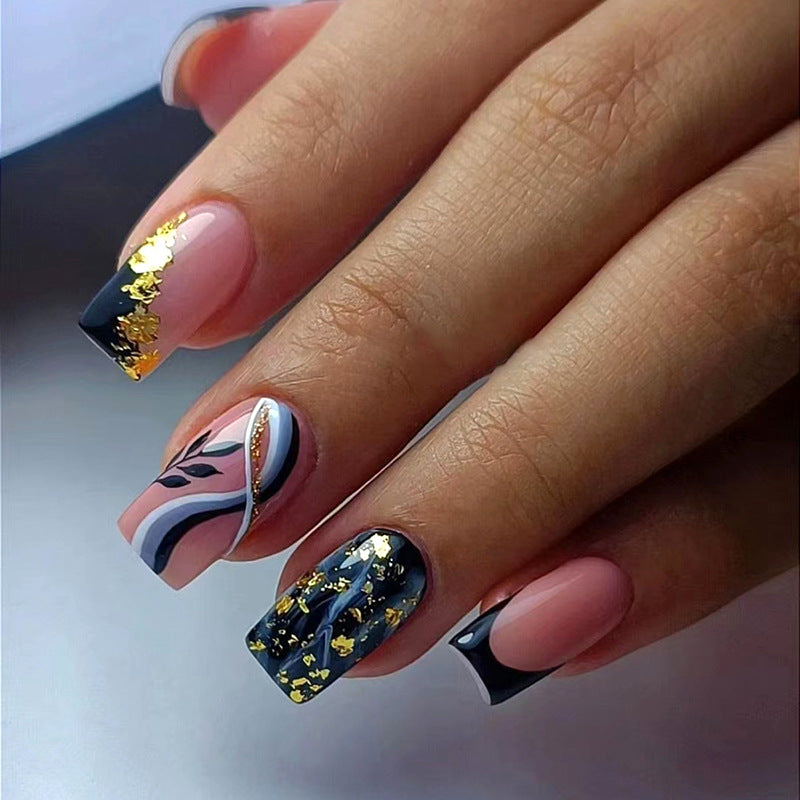 Black Cool French Gold Foil Curved Wave Leaf Nails Smoky Ink Style