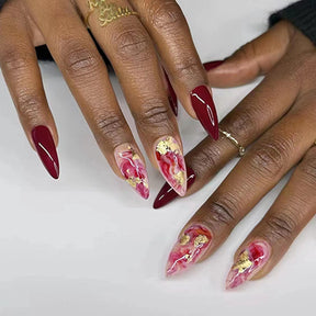 Wine Red Ombre Chinese Style Gold Foil Nails Ins Style Party Bride