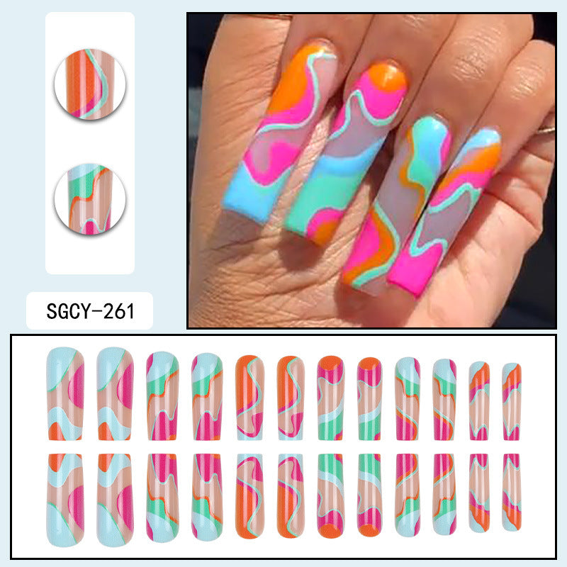 Colorful Striped Geometric Nail Tips, Ready-Made