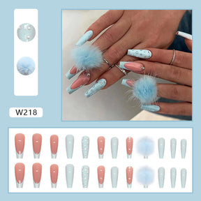 Autumn Winter New Blue Pom-Pom Press-On Nails - Ballet Style