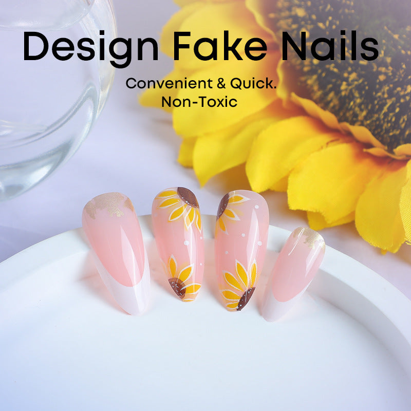 New Summer French Almond Nails with 3D Sunflowers