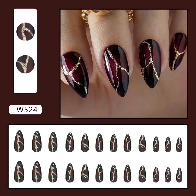 Chic Almond Nail Tips with Gold and Burgundy