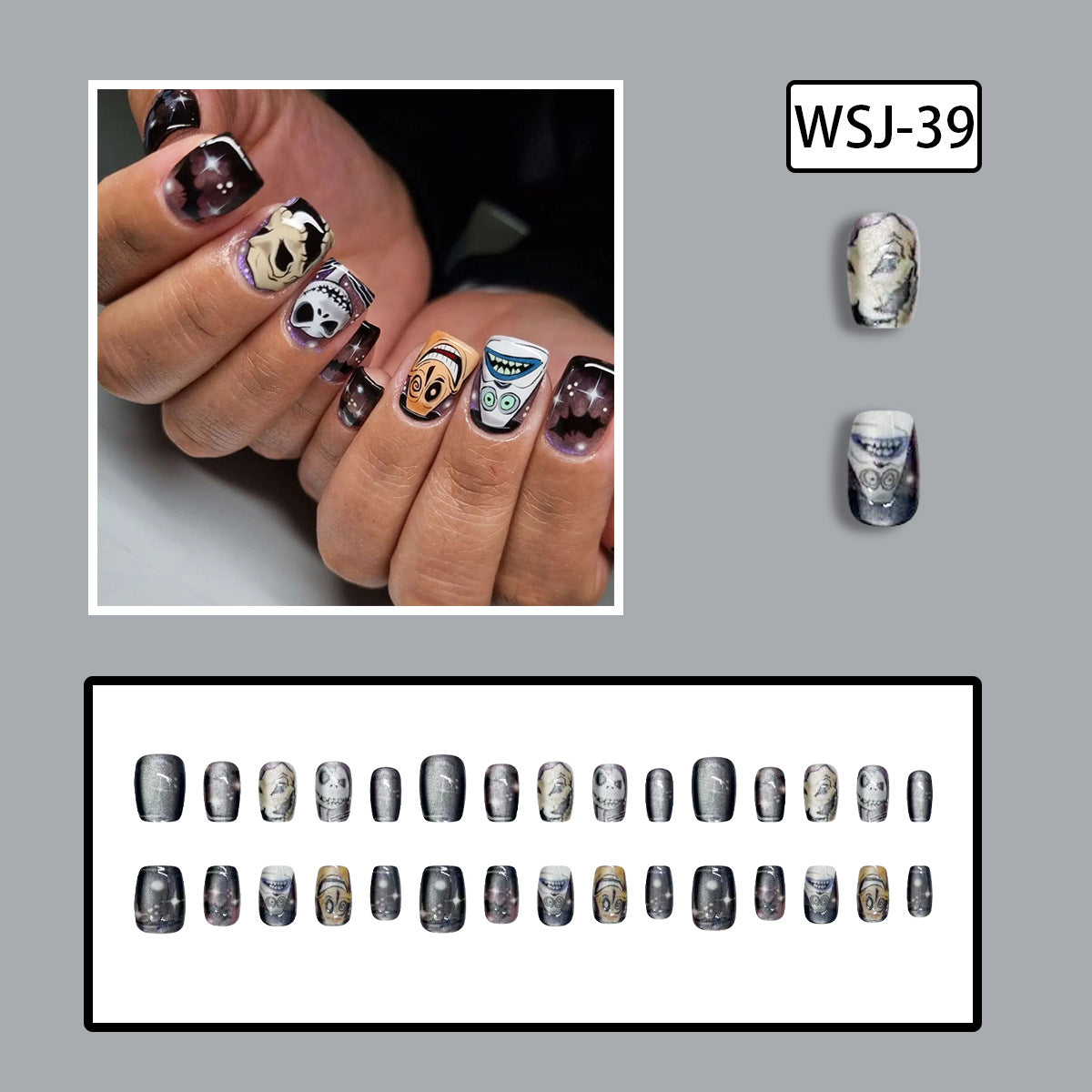 30-Piece Halloween Crystal Cat Eye Cartoon Bride Nails