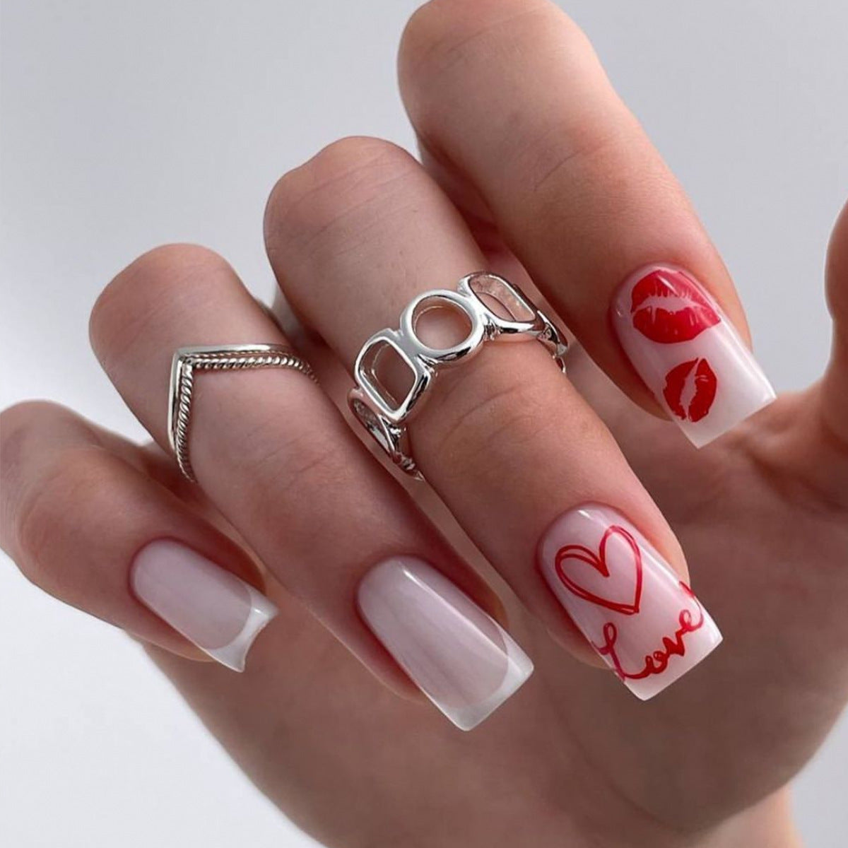 Valentine's Day White French Red Lip Heart Detachable Finished Fake Nails