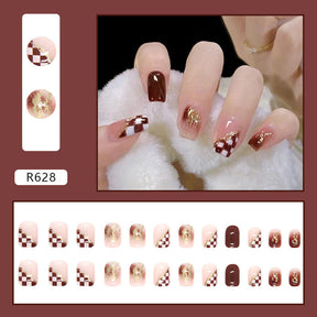 Brown Checkerboard Flash Fall Nails 24-Piece Set