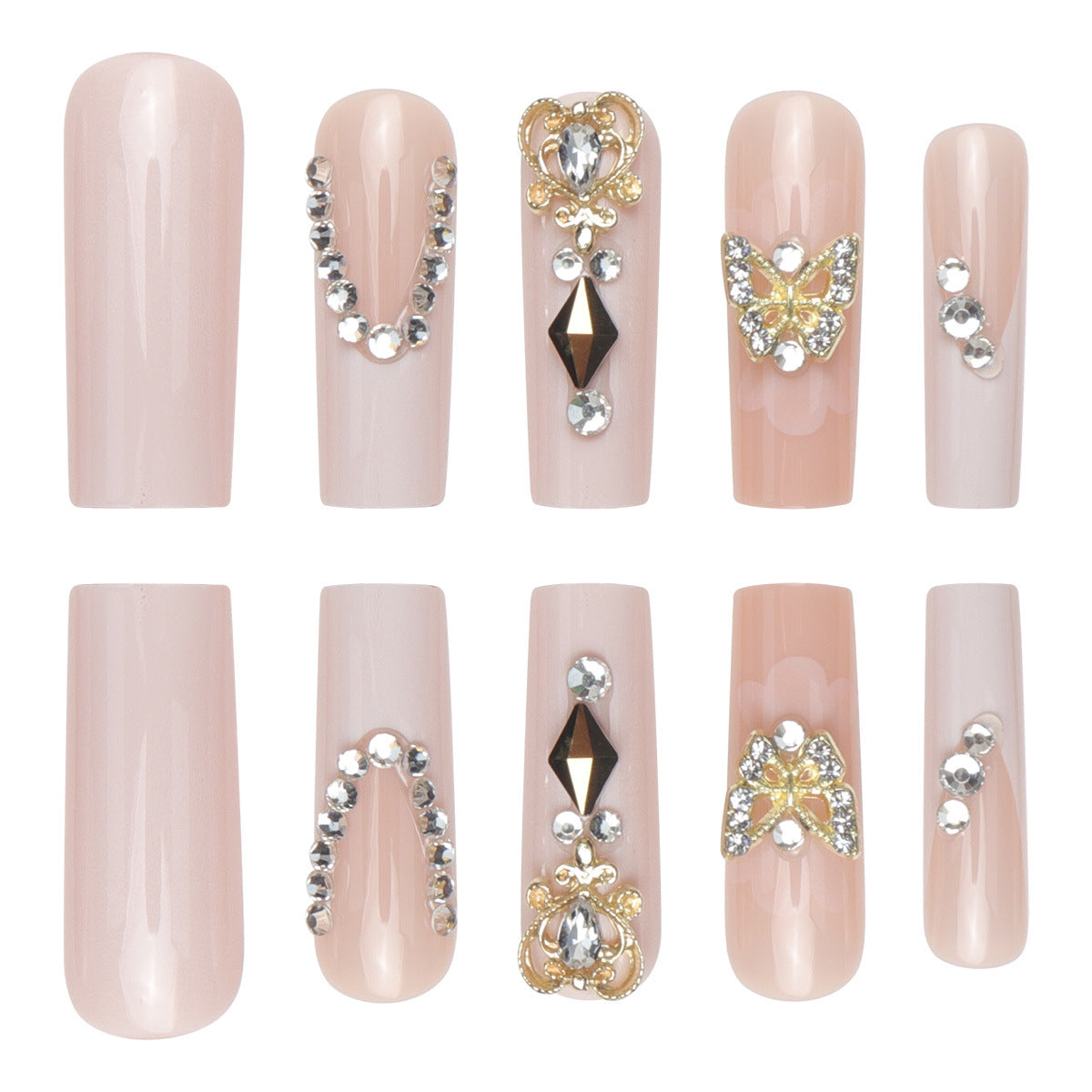 24-Piece Long French Nail Extensions with Diamonds, Butterflies