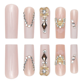 24-Piece Long French Nail Extensions with Diamonds, Butterflies