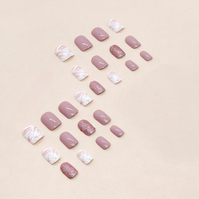 Simple White Pink Tender Girl Nails Sparkling Full Ink Wash Pink White Short Fake Nails