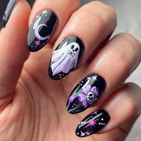 Dark Fairy Halloween Nails, Purple Skulls and Flowers