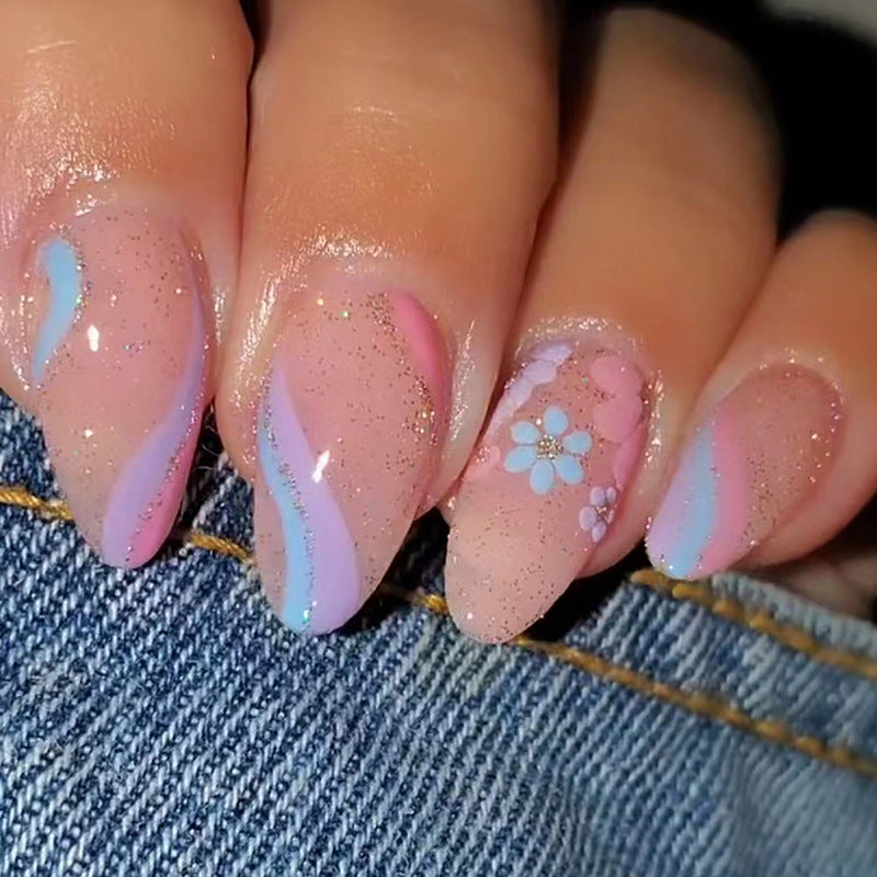 Almond Shaped Flashy Floral Fall Nails with Glitter