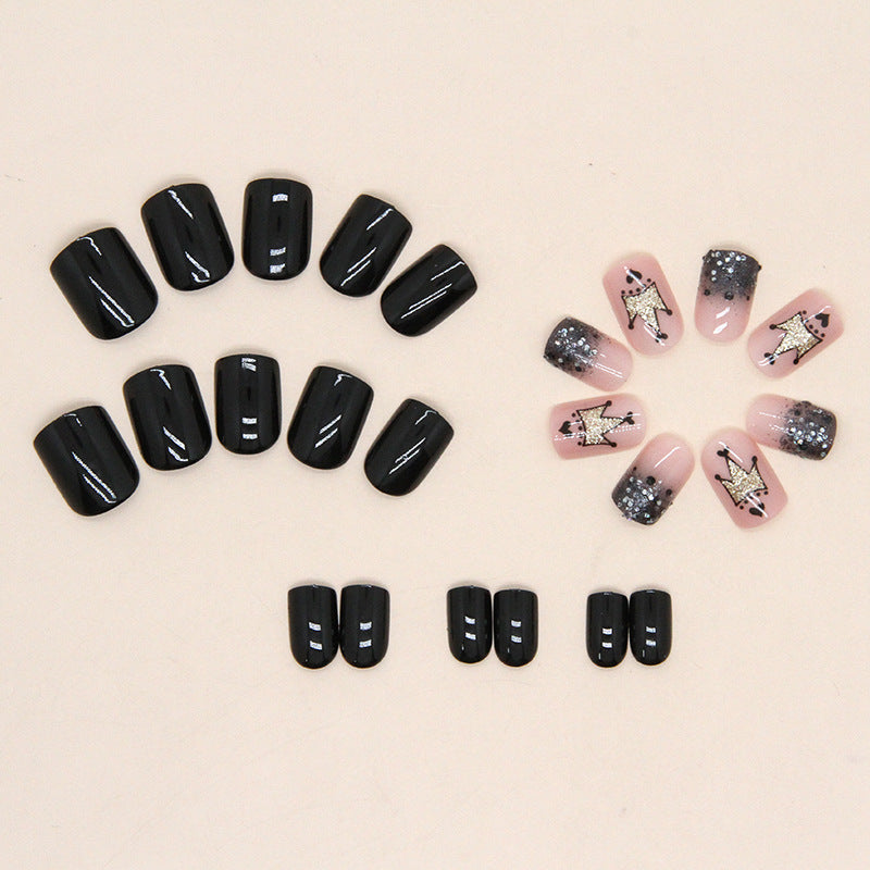 24-Piece Short Black Nails - Glitter Crown Gradient, Ins Style