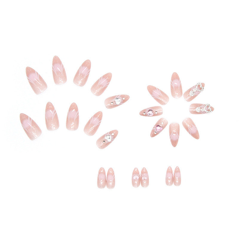 Pink Gradient Heart Drip Diamond Fall Nails 24-Piece Almond Set