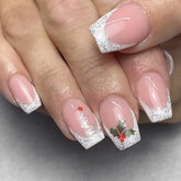 Short Shiny Christmas Nails - Glitter, French White Edge