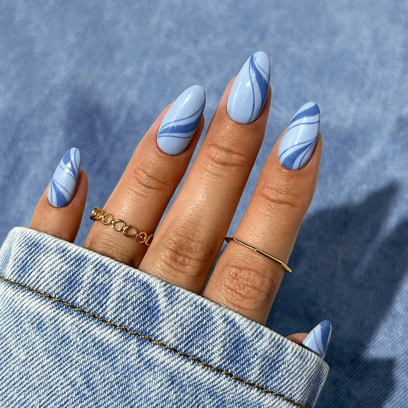 Blue Line Elegant Almond Nails for Early Autumn