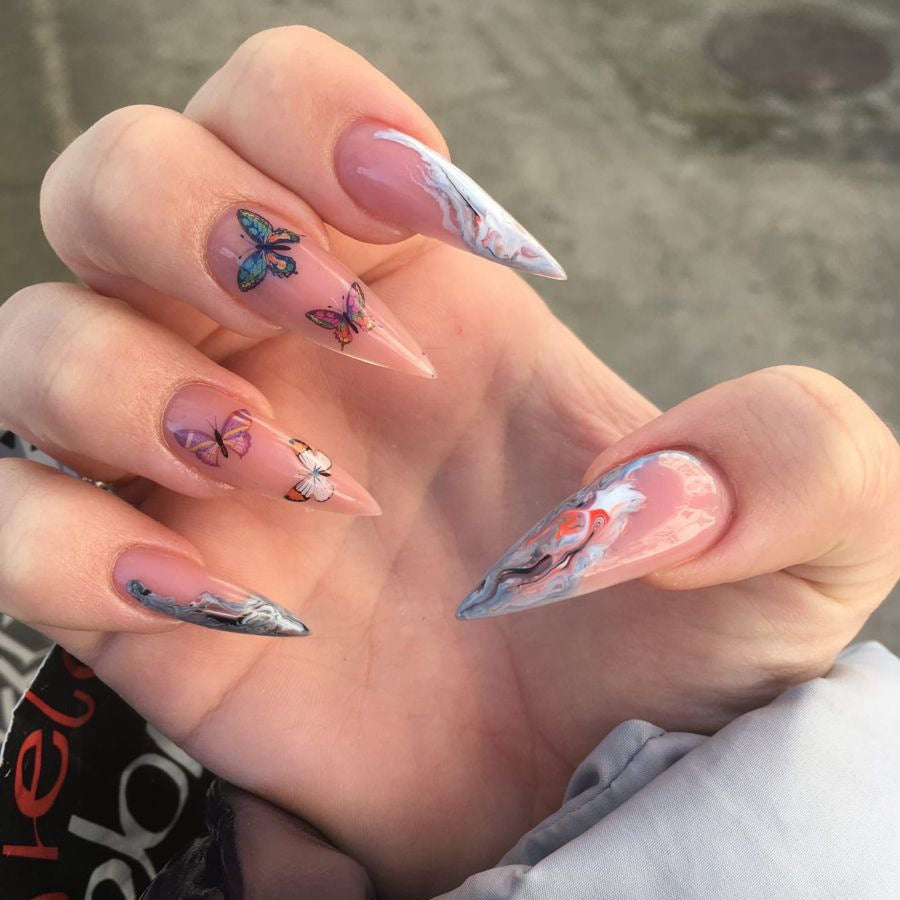 Long Pointed Nail Extensions with Butterfly Gradient Design