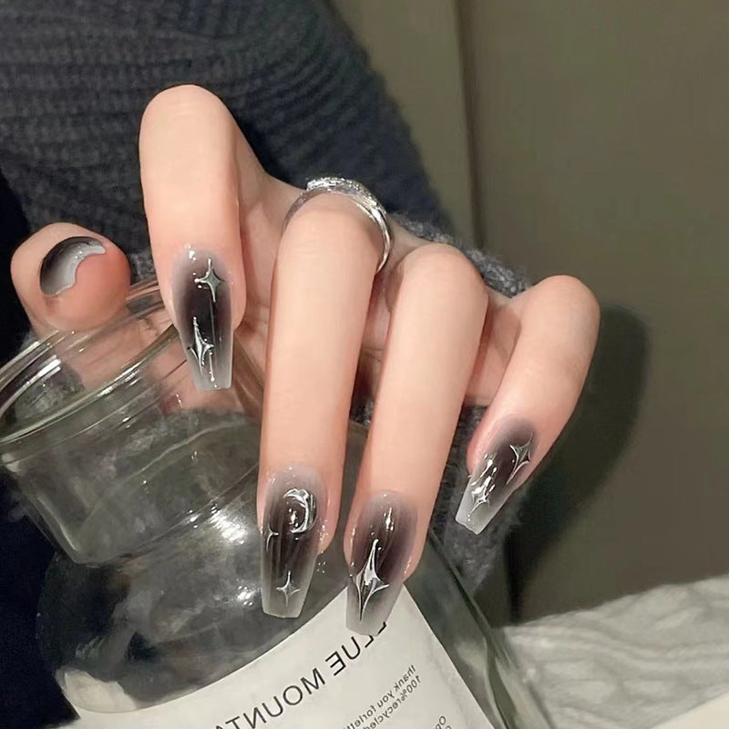 Dark Edgy Blush Nails - Silver Moon & Stars