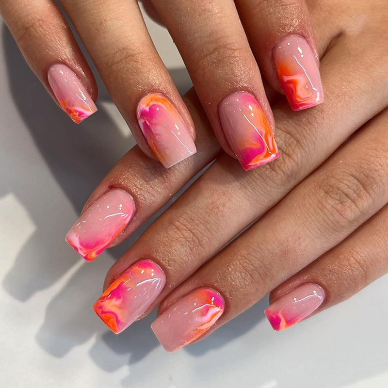 Soft Sweet Warm Tone Mid-Length Pink Yellow Ombre Nails