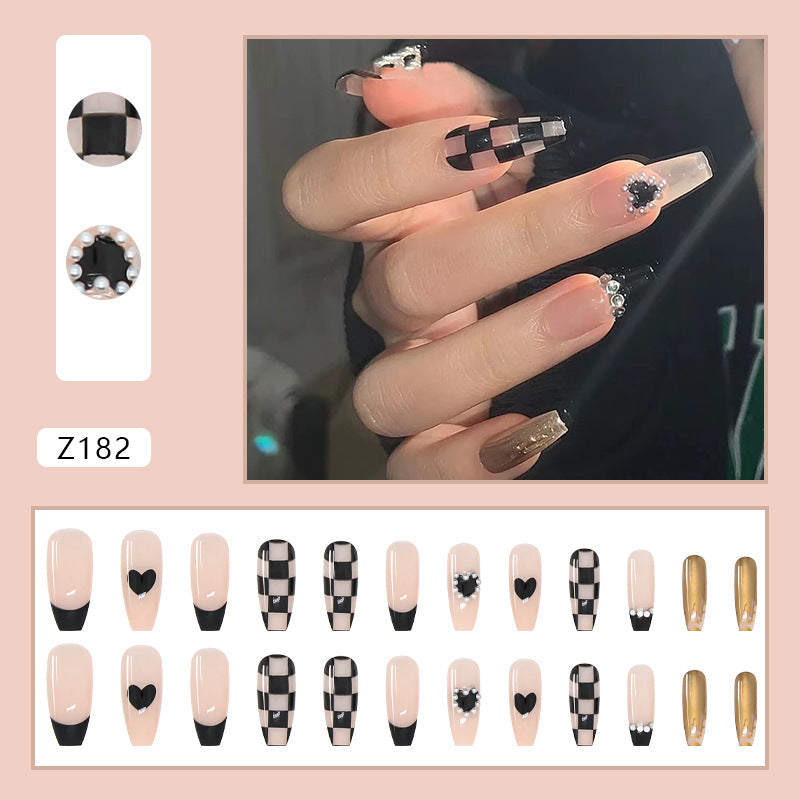 Black Checkerboard Heart Long Ballet Removable Nail Tips