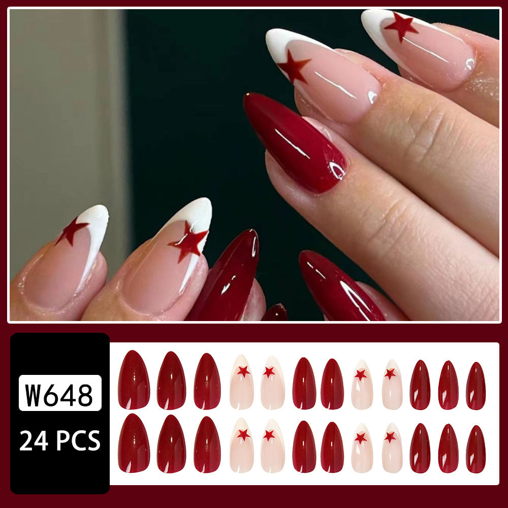 Removable Almond Shape Star Print French Tip Nails