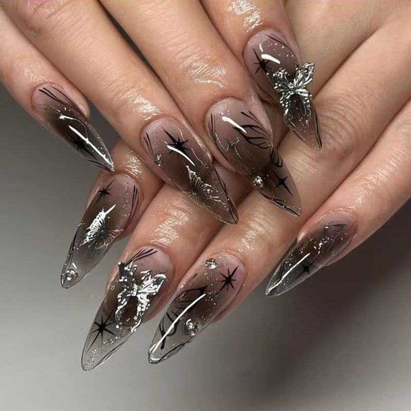 Clear Silver Bow Almond Press-On Nails - Black Cool Glam