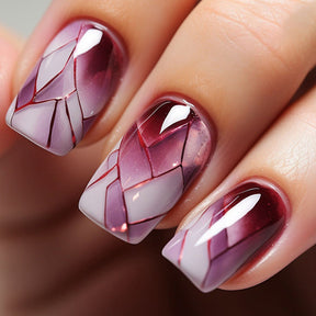 Cracked Glass Effect Wine Red Nails, Mid-Length Square