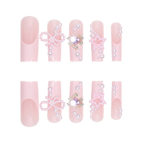 Charming Pink French Nail Tips with Pearls, Bow