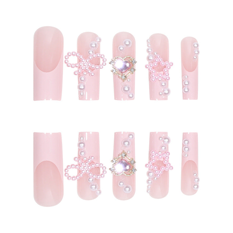 Charming Pink French Nail Tips with Pearls, Bow