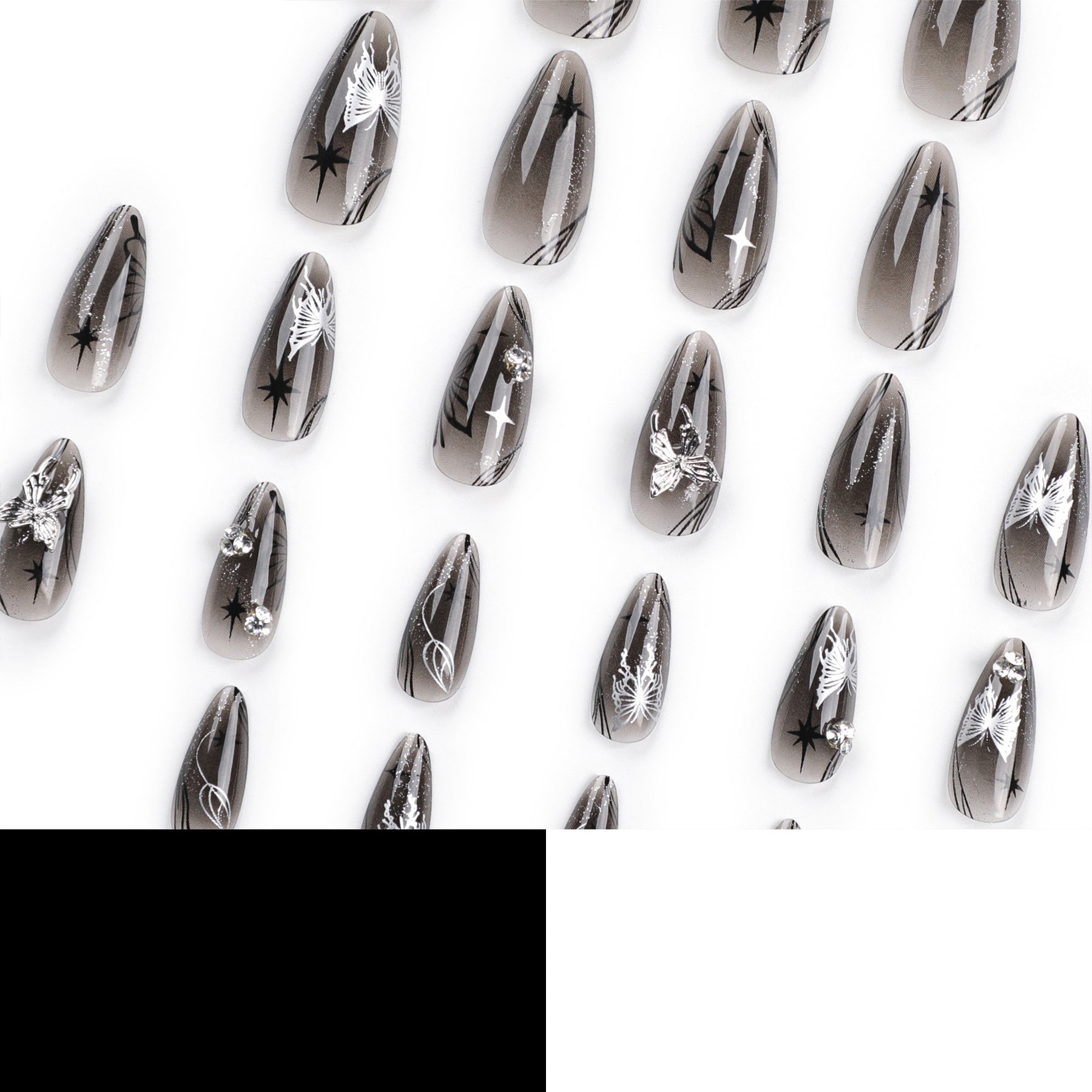 Clear Silver Bow Almond Press-On Nails - Black Cool Glam