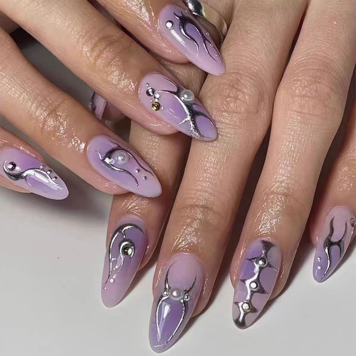 Almond Purple & Silver Flame Fall Nails - Removable Nail Tips