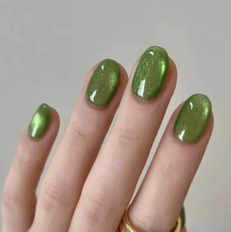 Shiny Natural Green Forest Nails, Oval Shape Ins Style