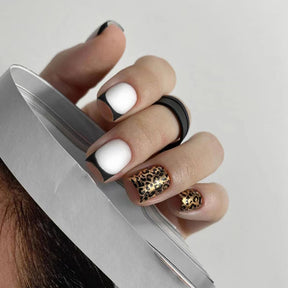 Short Black French Fall Nails - Matte Gold Foil Leopard