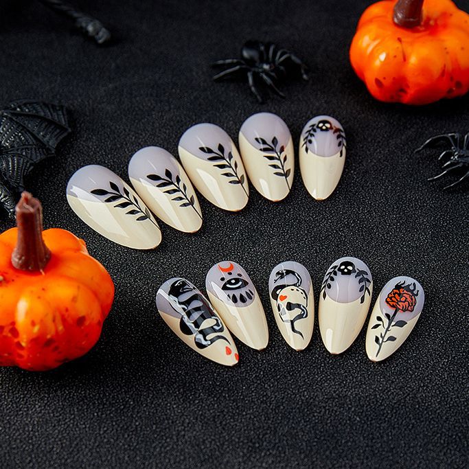 Dark Snake Rose Nails - Black Almond, Halloween Style