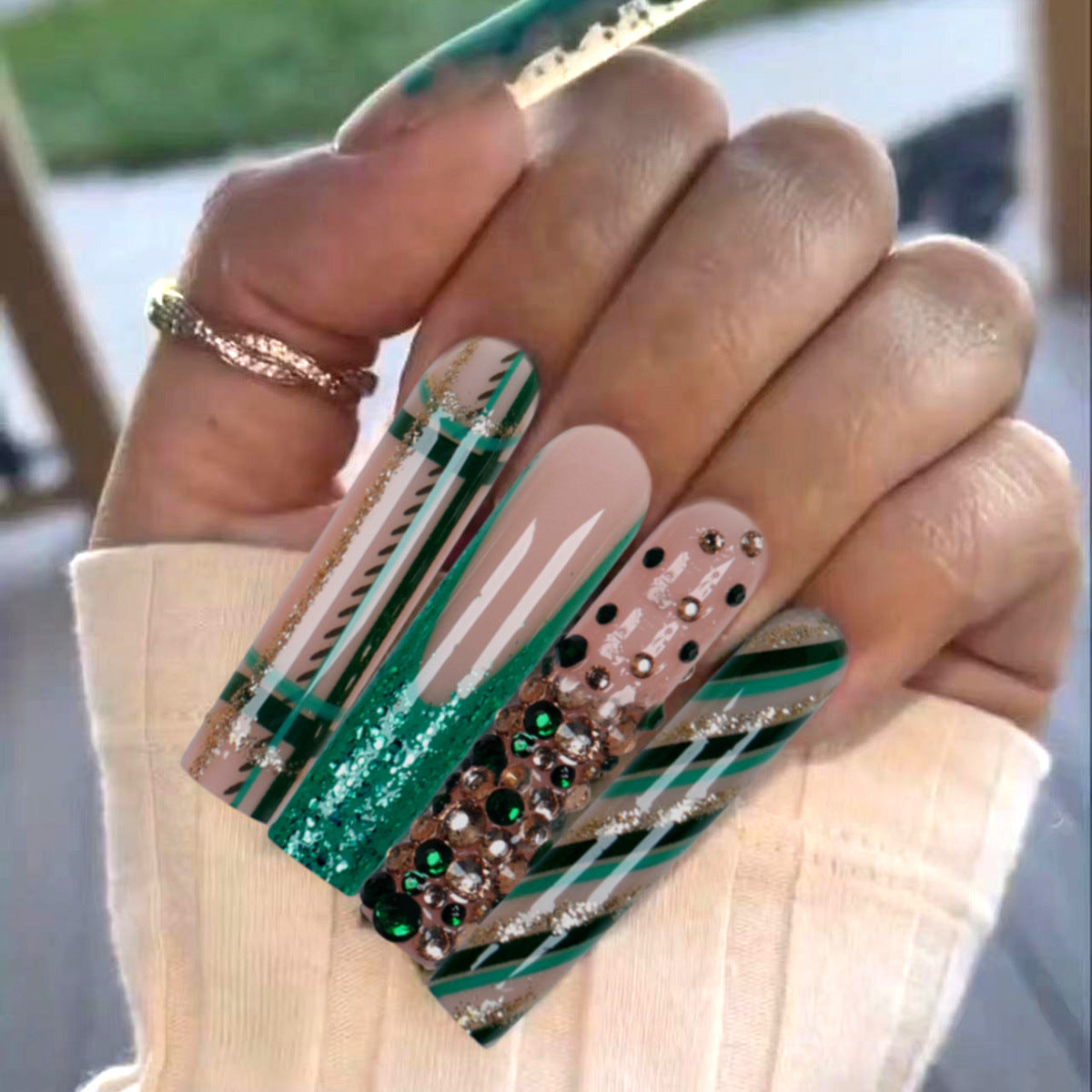 Ultra Sparkly Peacock Green French Nail Tips