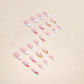 White French Nails, Colorful Flower Minimalist Almond Shape