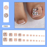 Simple White French Watercolor Flower Toenails, 24-Piece, Soft Girl Style